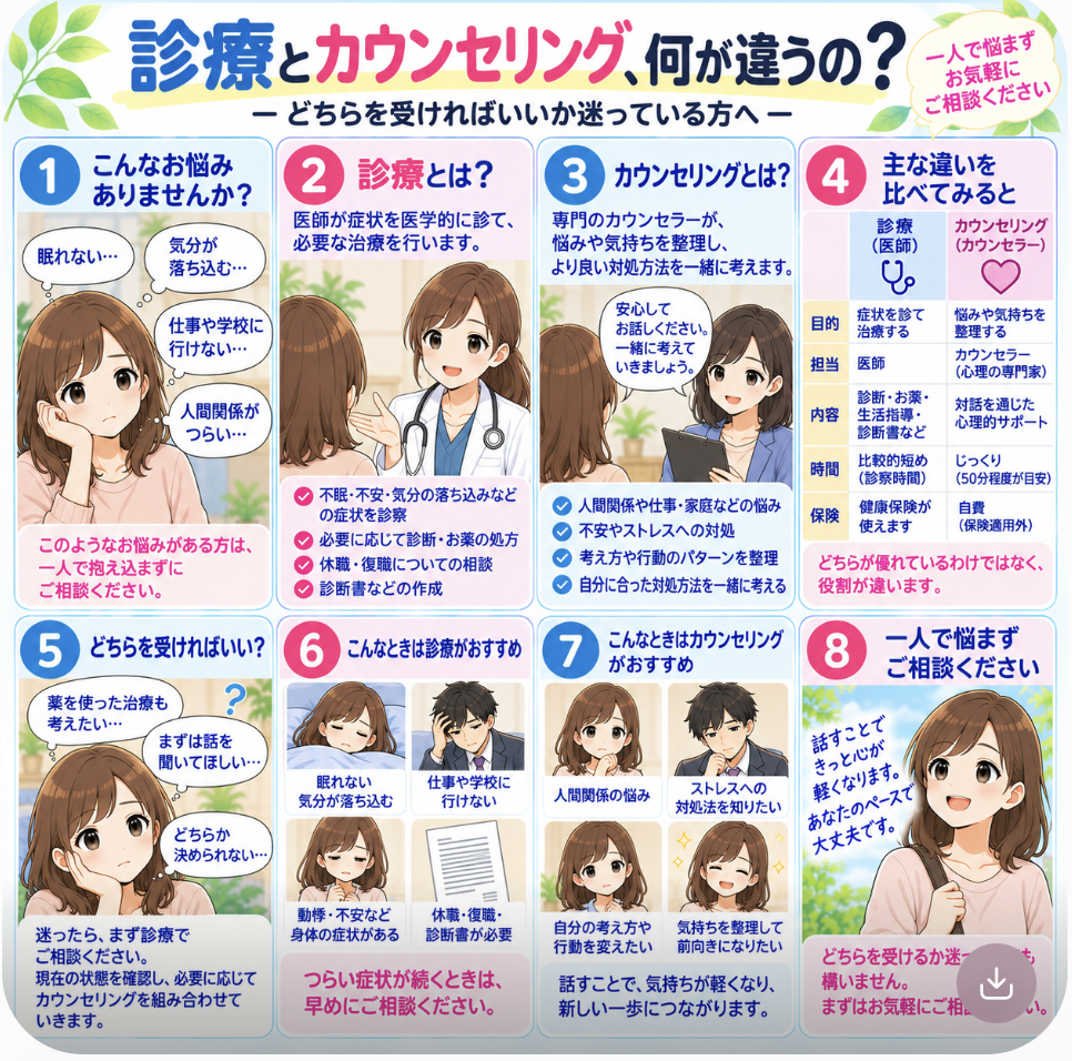  診療とカウンセリング、何が違うの？
― どちらを受ければいいか迷っている方へ ―