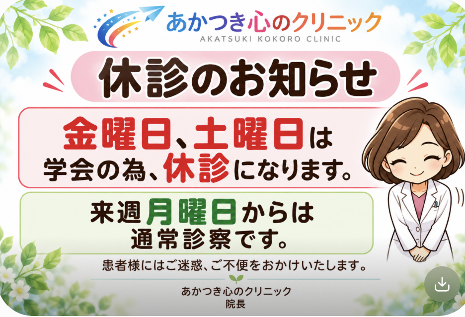 休診のお知らせ
９月２５日（金）、２６日（土）は休診とさせていただきます。
ご迷惑をおかけして申し訳ありません。